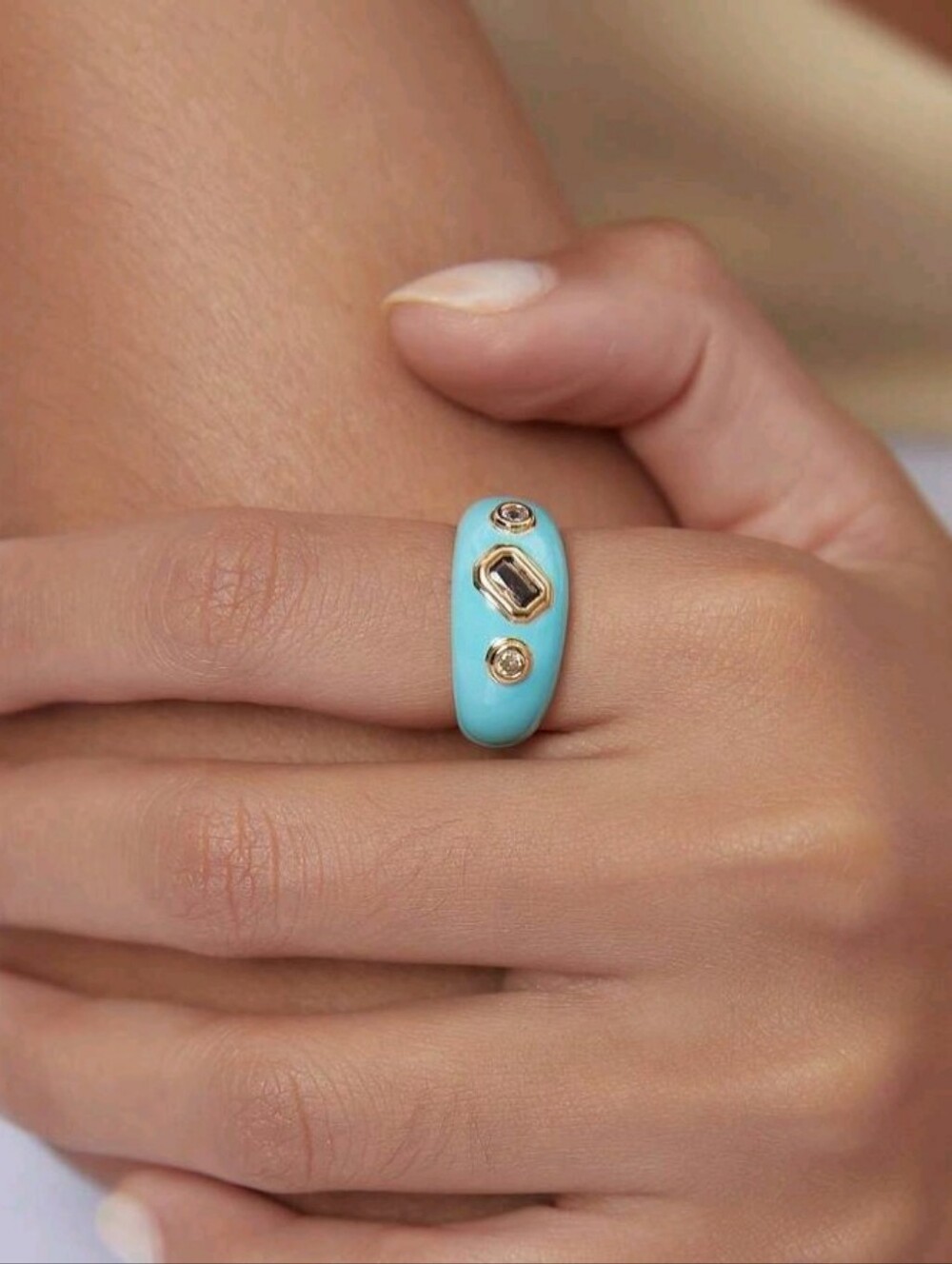 NEW! Gold Plated Blue Enamel Gemstones Accent Dome Ring